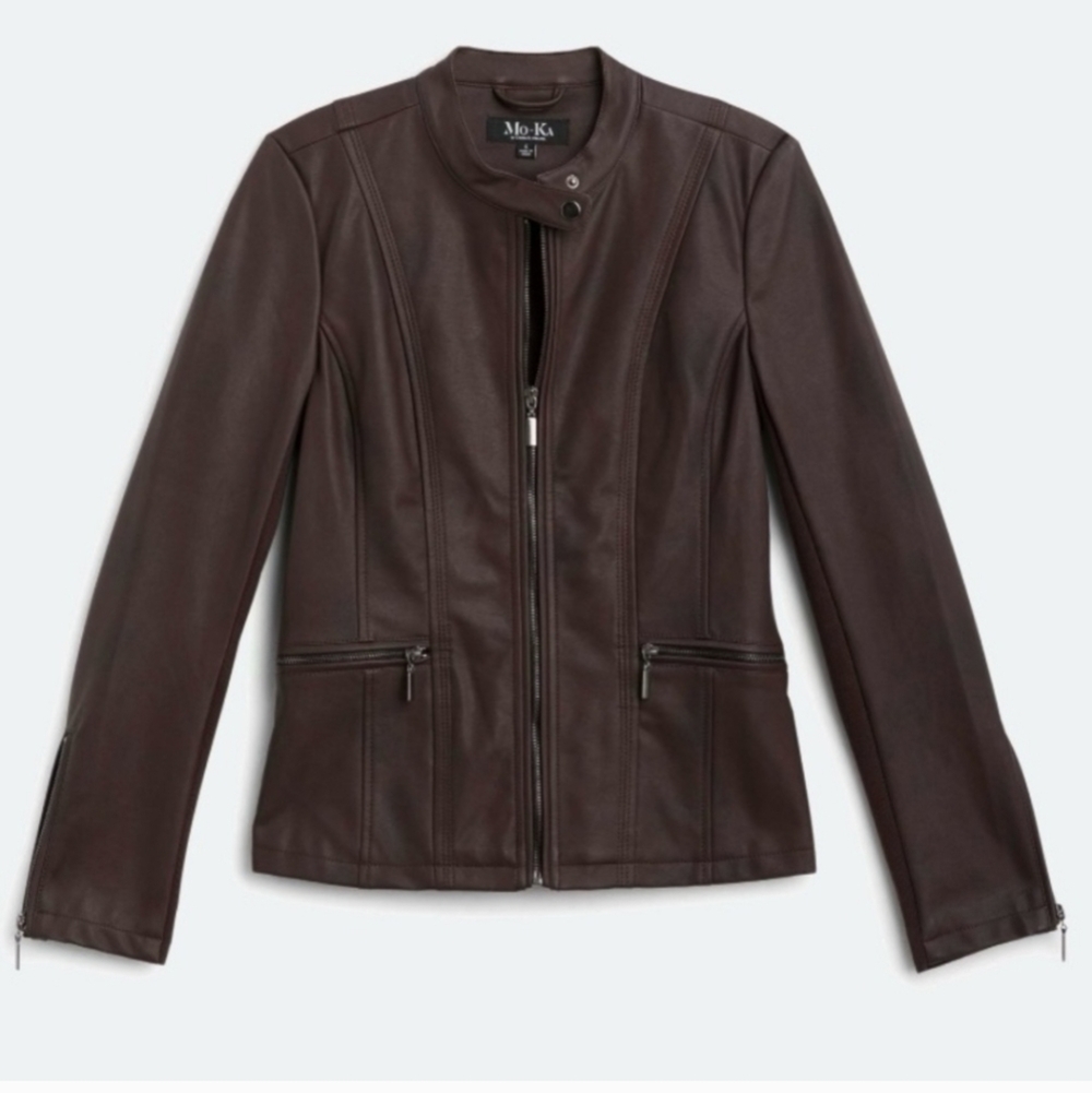 NEW Mo-Ka Faux Leather Jacket Lined Zip Pockets Chocolate Burgundy Plum Small - Picture 3 of 16